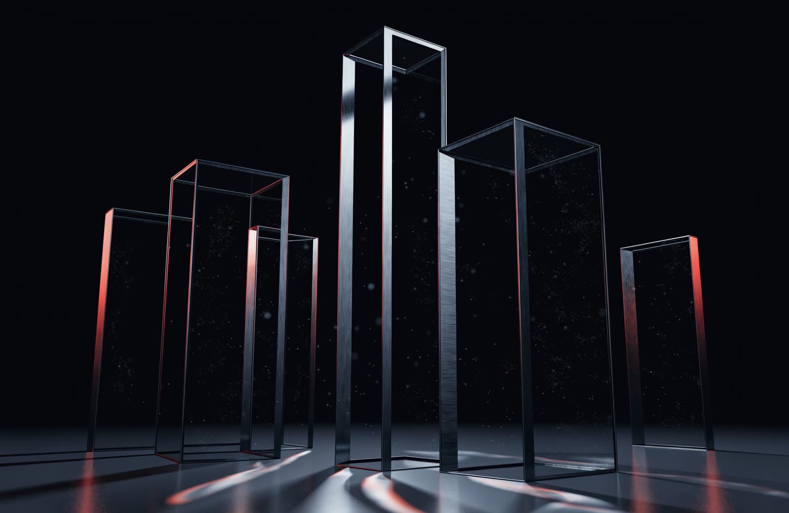 Abstract render of tall glass and brushed metal towers